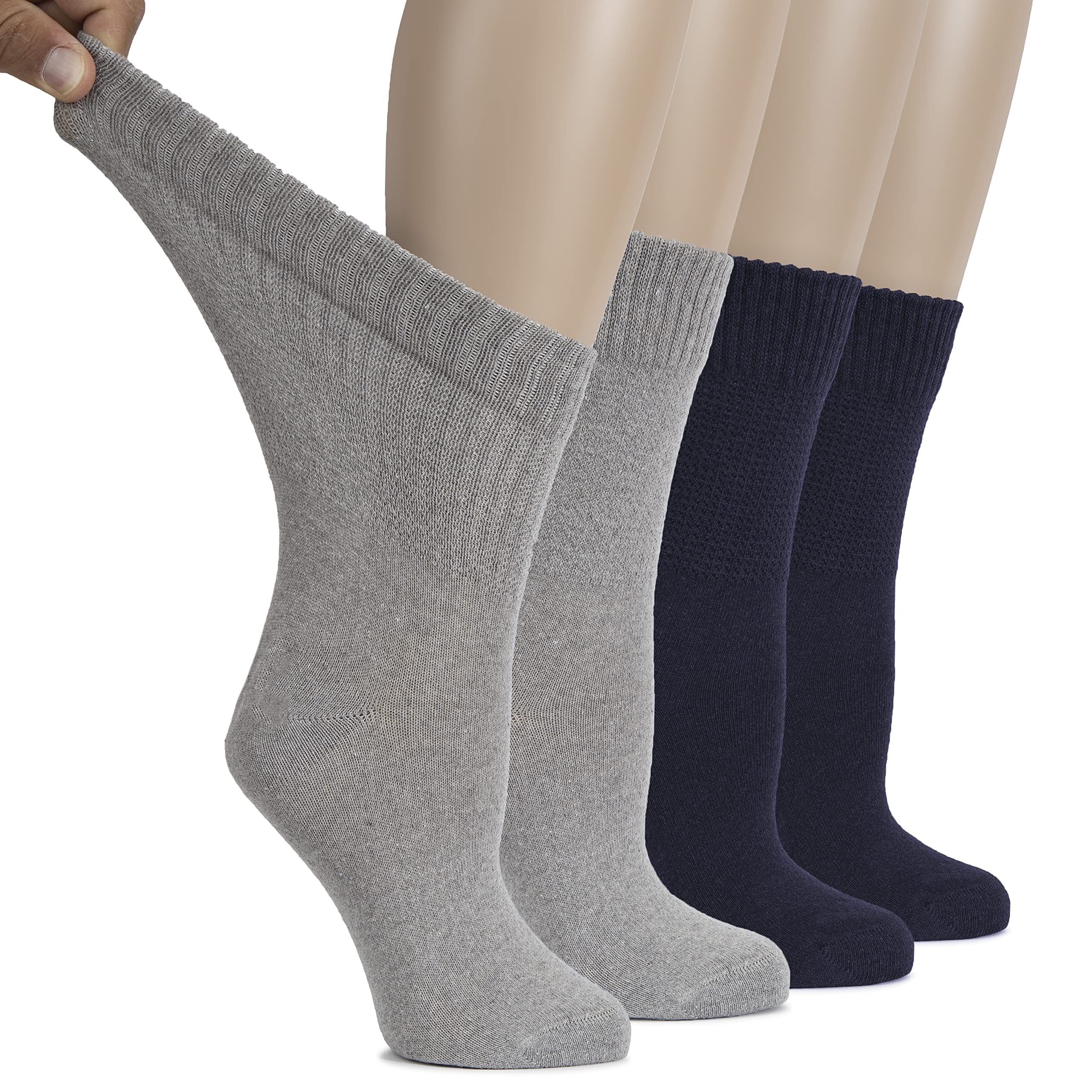 Hugh Ugoli Women's Cotton Diabetic Crew Socks, Wide, Thin, Loose and Stretchy, Seamless Toe & Non-Binding Top, 4 Pairs, LightGre