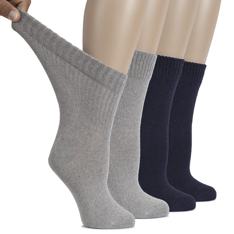 Hugh Ugoli Women's Cotton Diabetic Crew Socks, Wide, Thin, Loose and Stretchy, Seamless Toe & Non-Binding Top, 4 Pairs, LightGre