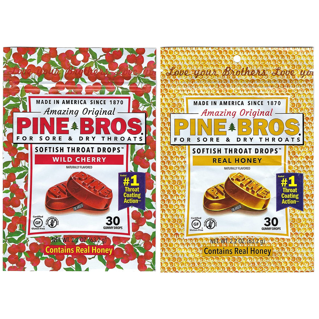 Pine Bros. Bundle-Two Flavors Softish Throat Drops, Natural Honey 30 Ct / Wild Cherry 30 Ct