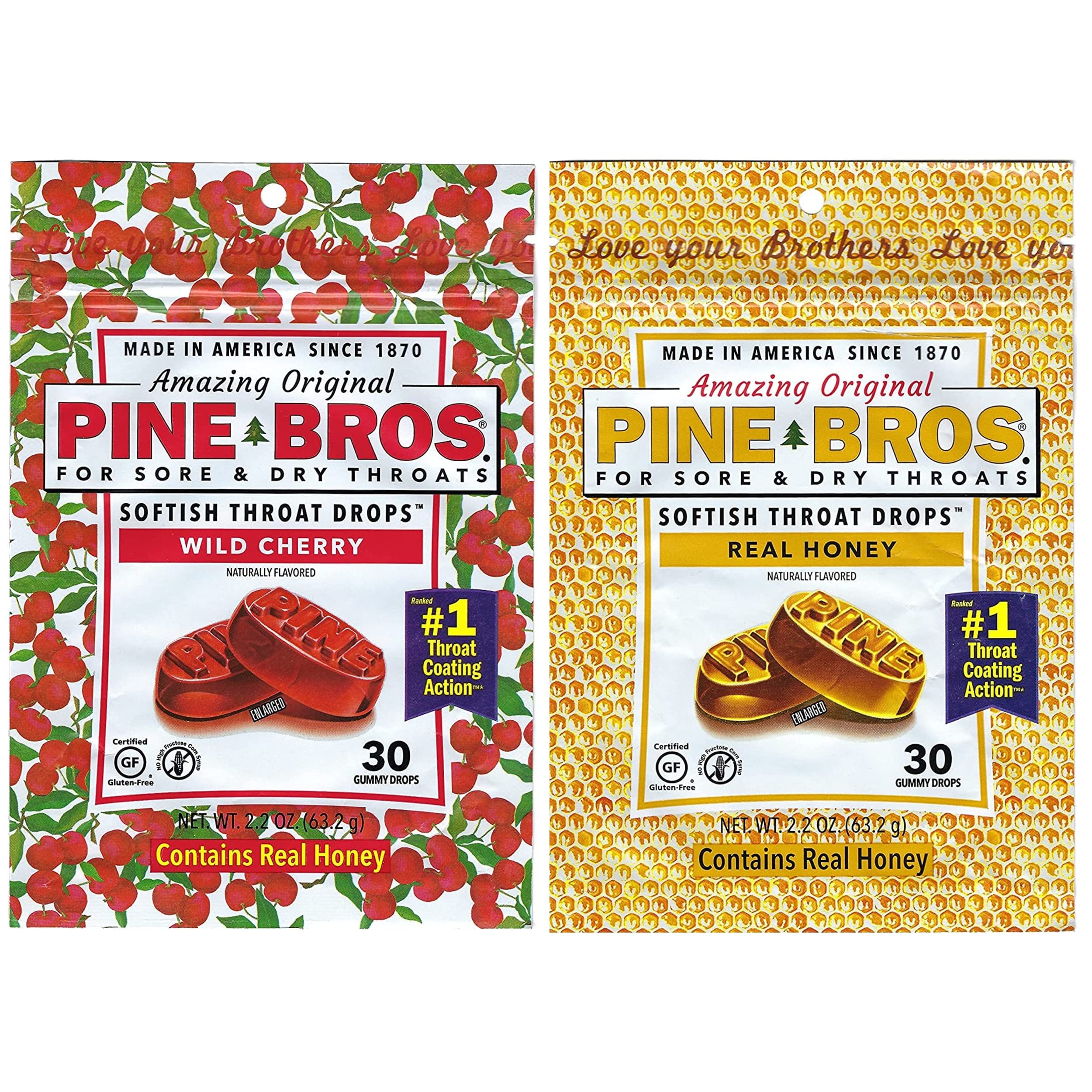 Pine Bros. Bundle-Two Flavors Softish Throat Drops, Natural Honey 30 Ct / Wild Cherry 30 Ct