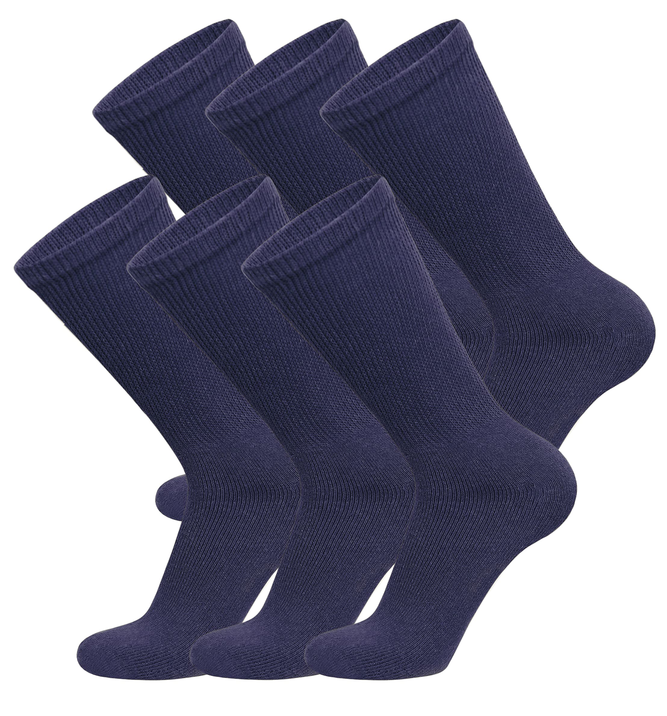 6 Pairs of Cotton Diabetic Non-Binding Neuropathy Crew Socks (Navy, Fits Mens Shoe Size 8-10/Womens shoe size 9-11)