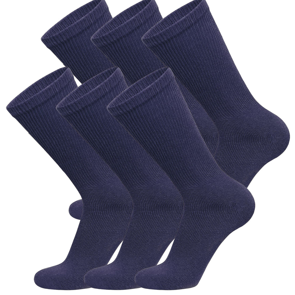6 Pairs of Cotton Diabetic Non-Binding Neuropathy Crew Socks (Navy, Fits Mens Shoe Size 8-10/Womens shoe size 9-11)