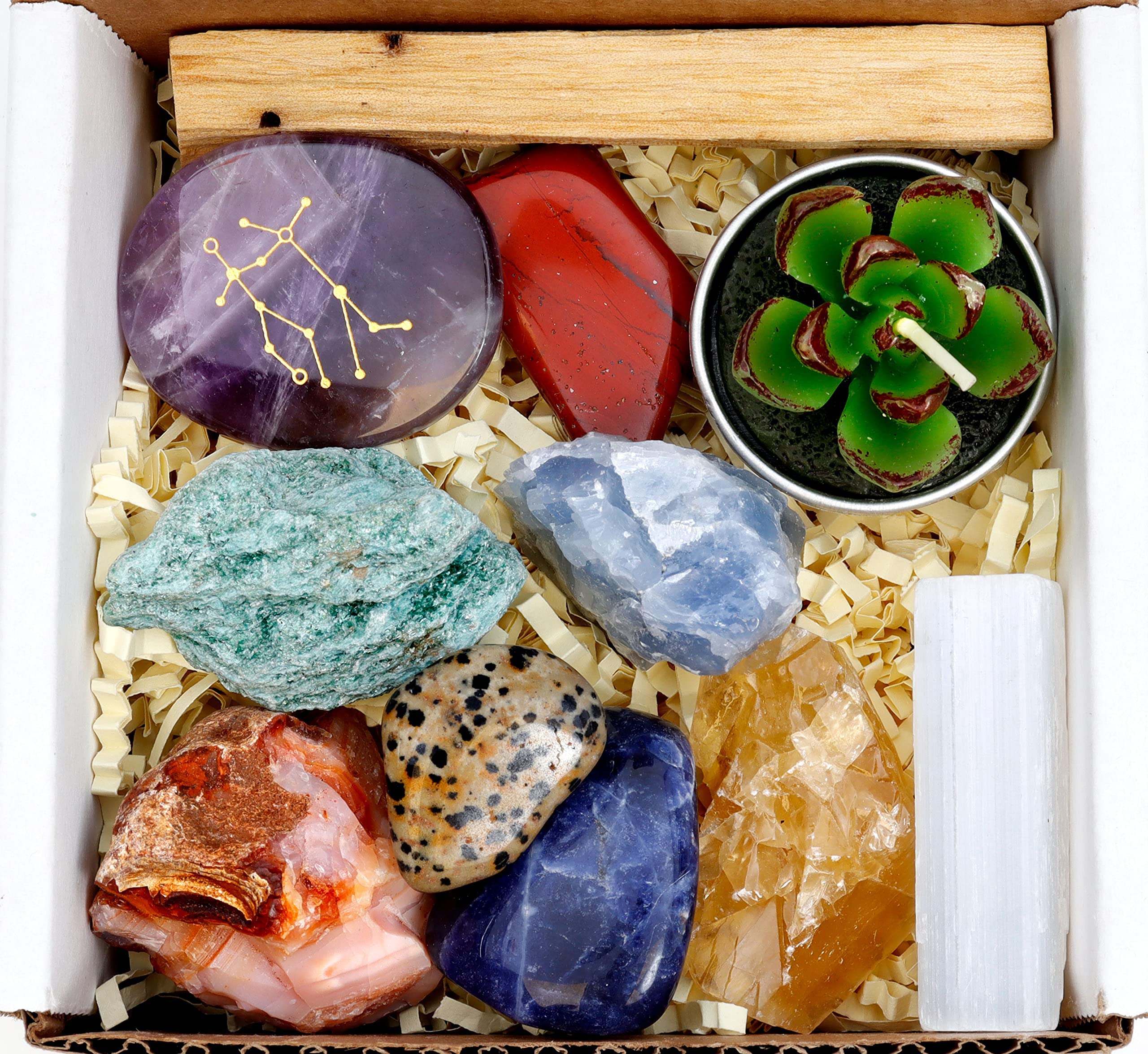 DANCING BEAR Gemini Zodiac Healing Crystals Gift Set (14 Pc): 9 Stones, 18K Gold-Plated Constellation Necklace, Meteorite, Succu