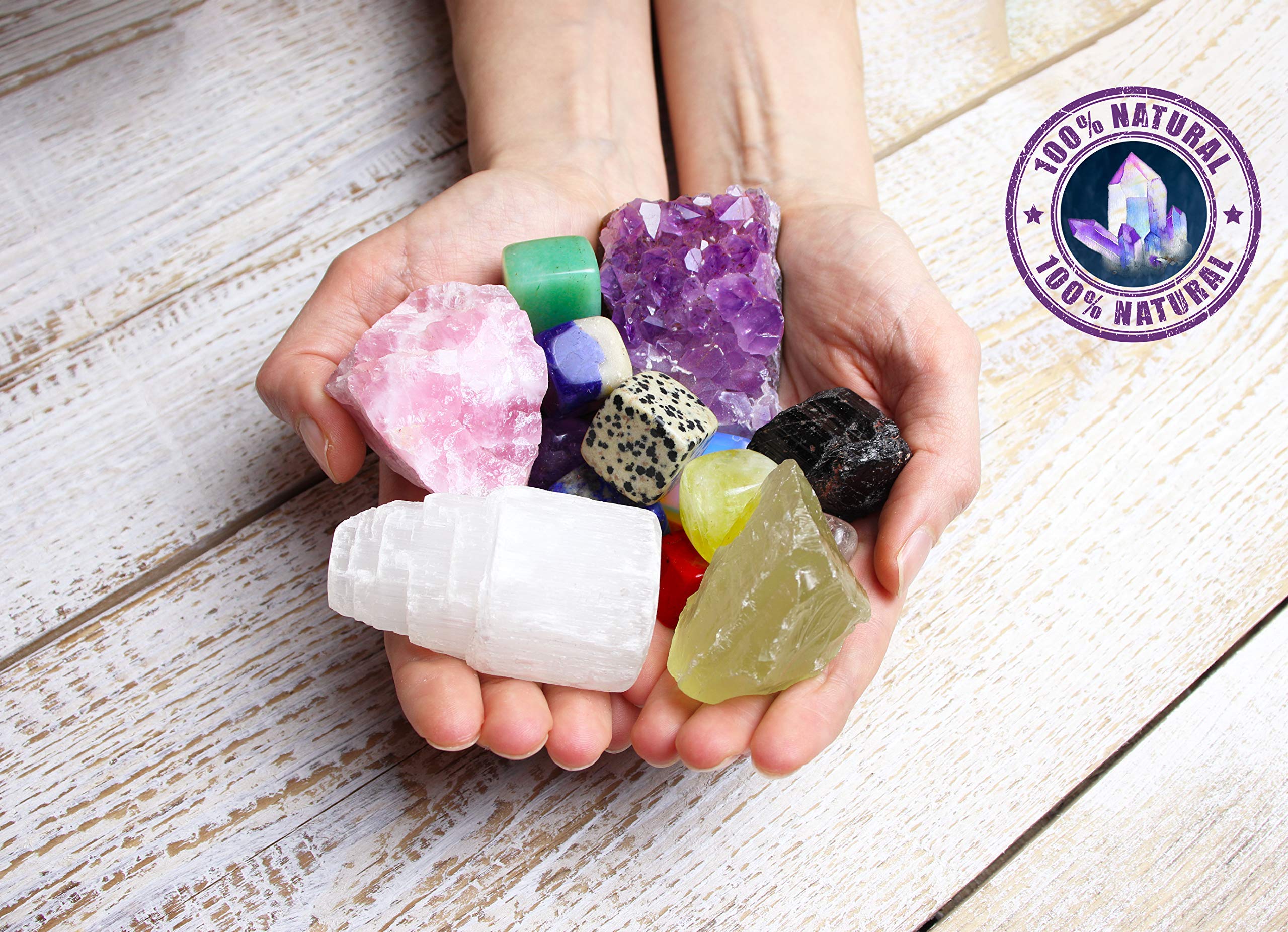 AtPerry's 16 LARGE Natural Healing Crystals Set in Wooden Box - Tumbled, Rough & Raw Crystals, Including Selenite Tower, Black T