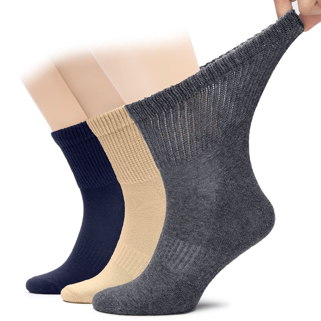 Hugh Ugoli Men's Cotton Diabetic Ankle Socks, Wide, Loose and Stretchy, Seamless Toe & Non Binding Top, Semi Cushion, 3 Pairs, M