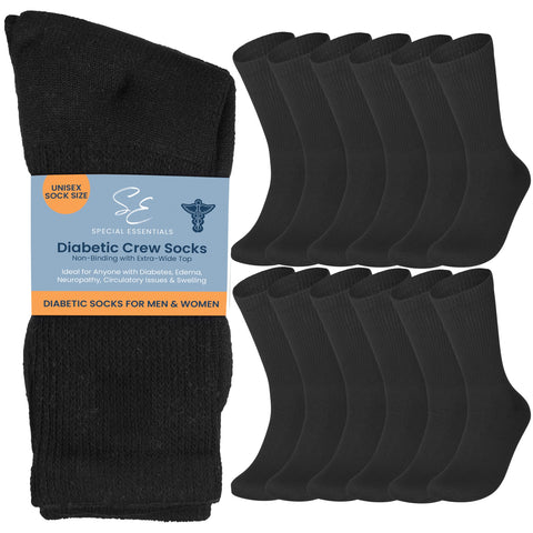 Special Essentials 12 Pairs Cotton Diabetic Socks for Men & Women - Non-Binding Extra Wide Top Neuropathy Socks - Crew Socks Bla