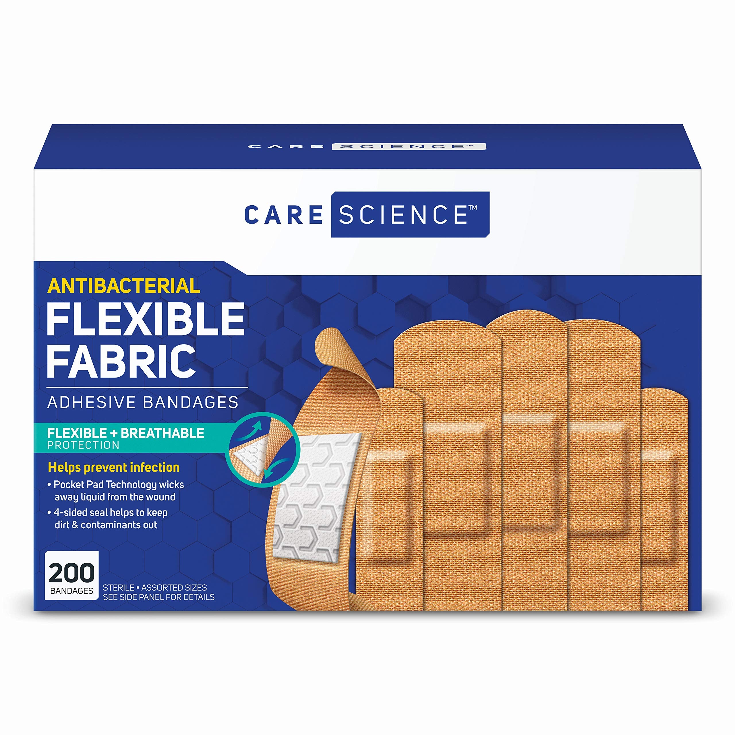 Care Science Fabric Adhesive Bandages, 200 ct Bulk Assorted Sizes | Flexible + Breathable Protection Helps Prevent Infection for