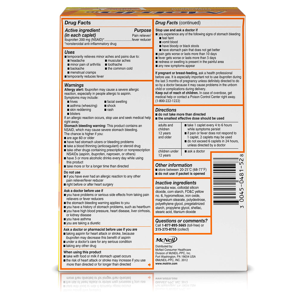 Motrin IB - Ibuprofen Tablets, Two Tablets Per Packet, 50 Packets Total, One Box