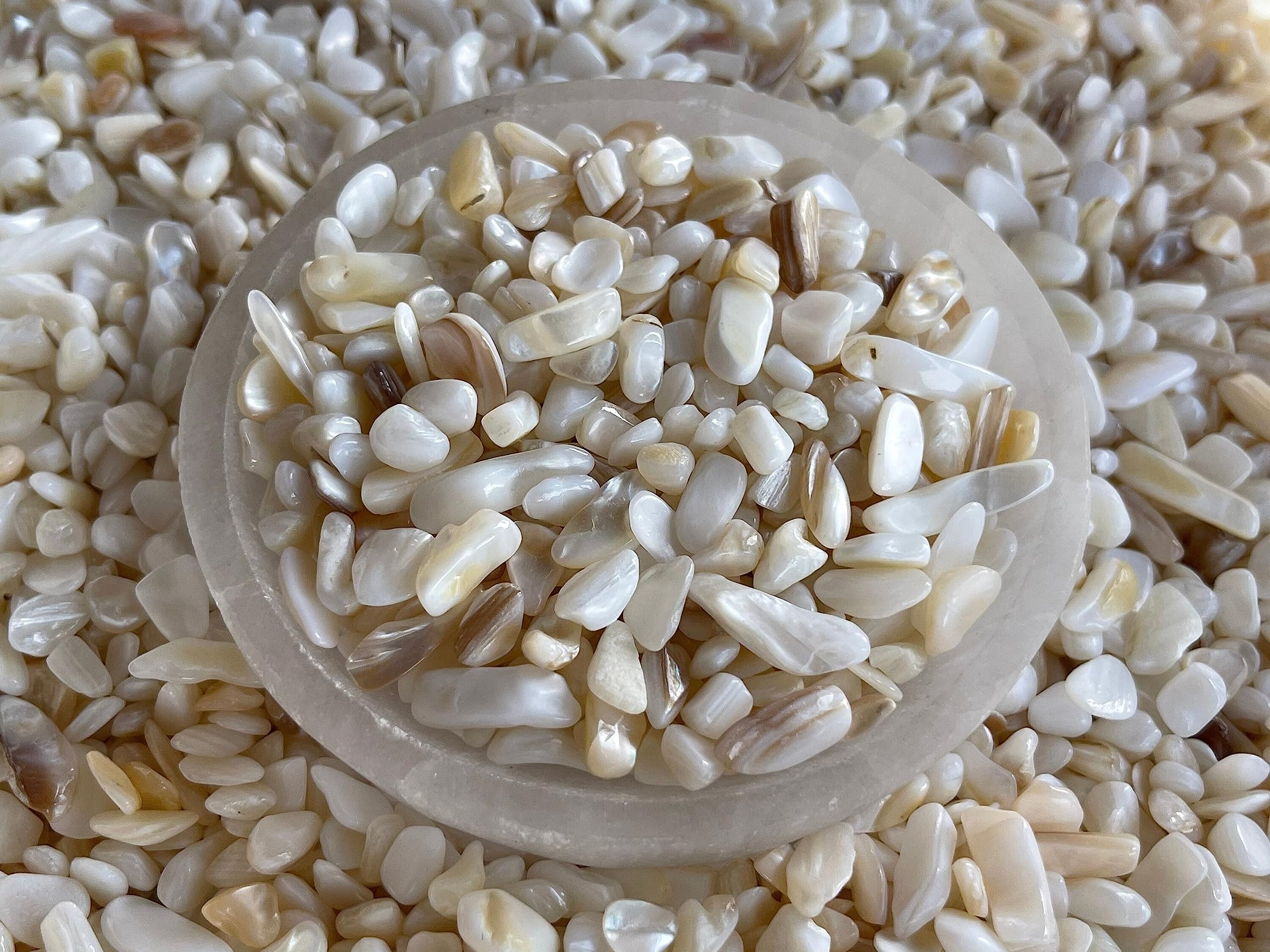 GAF TREASURES 2 oz Lot Natural Semi Tumbled Gemstone Chips, Crushed Mini Crystals, Undrilled Crystal Chips (Mother of Pearl)
