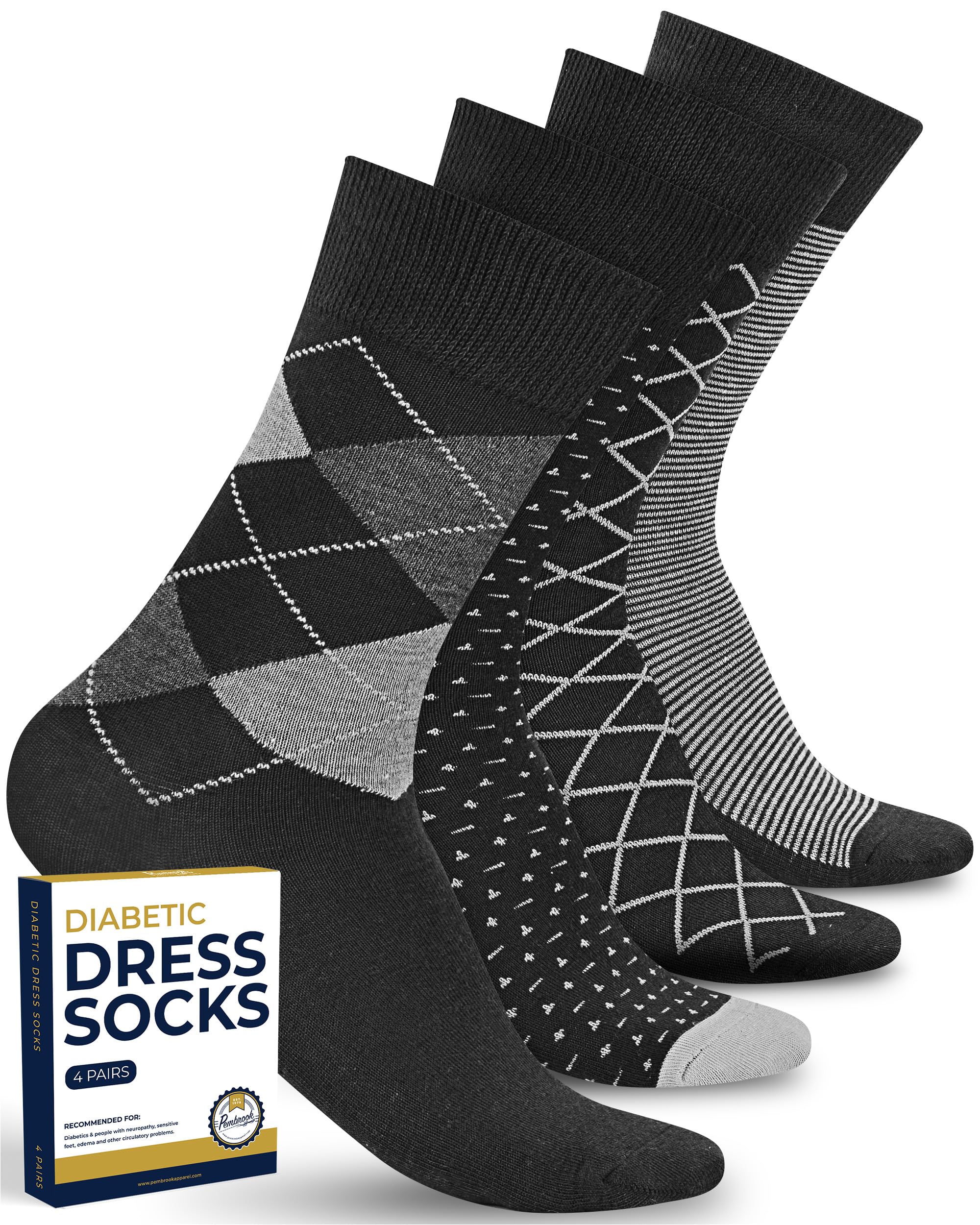 Pembrook Diabetic Dress Socks for Men - 4 Pairs Odor Free Stylish Diabetic Socks for Men Work | Mens Diabetic Socks Casual