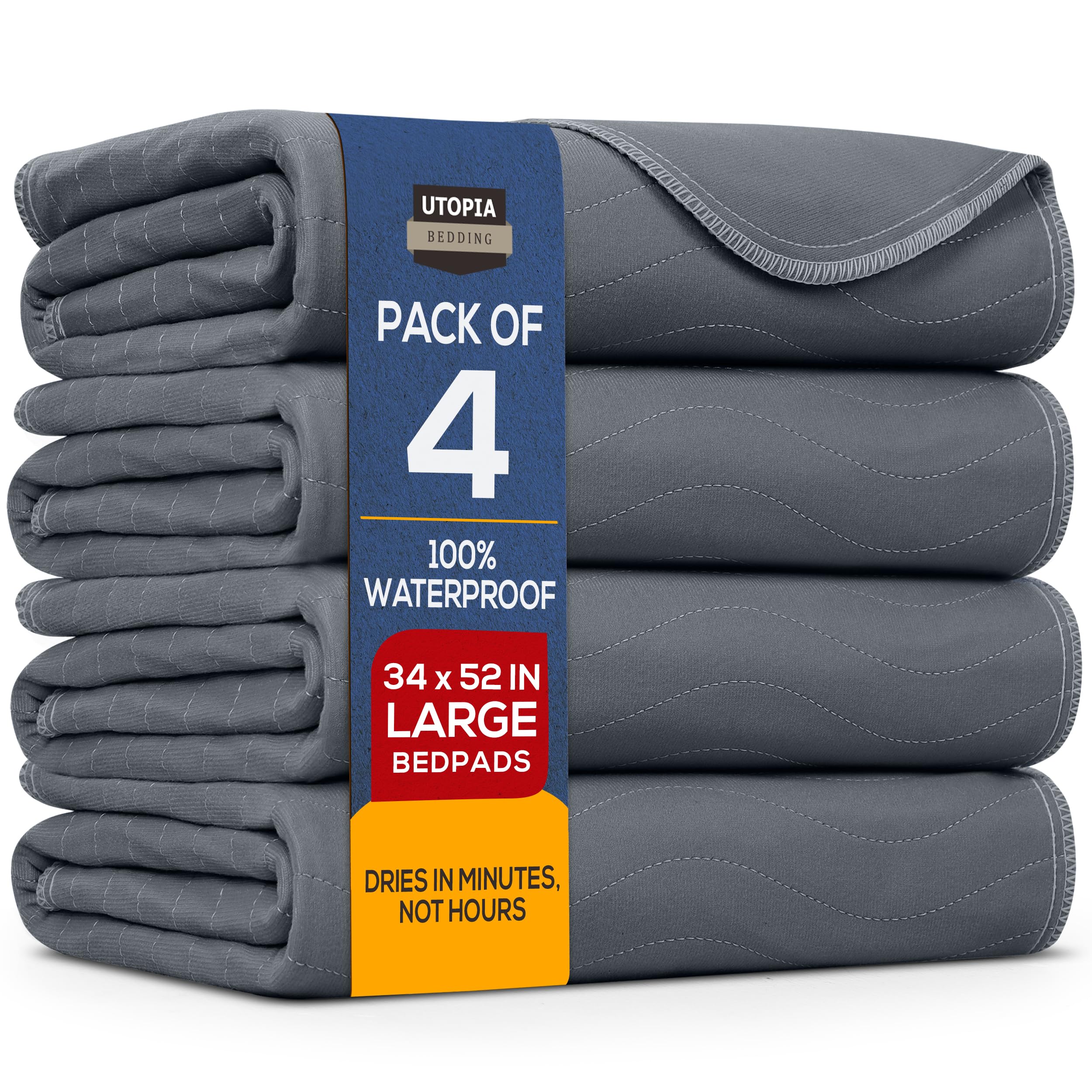 Utopia Bedding Waterproof Incontinence Bed Pads 34 x 52 Inches (Pack of 4, Gray), Washable and Reusable Underpads for Adults, El