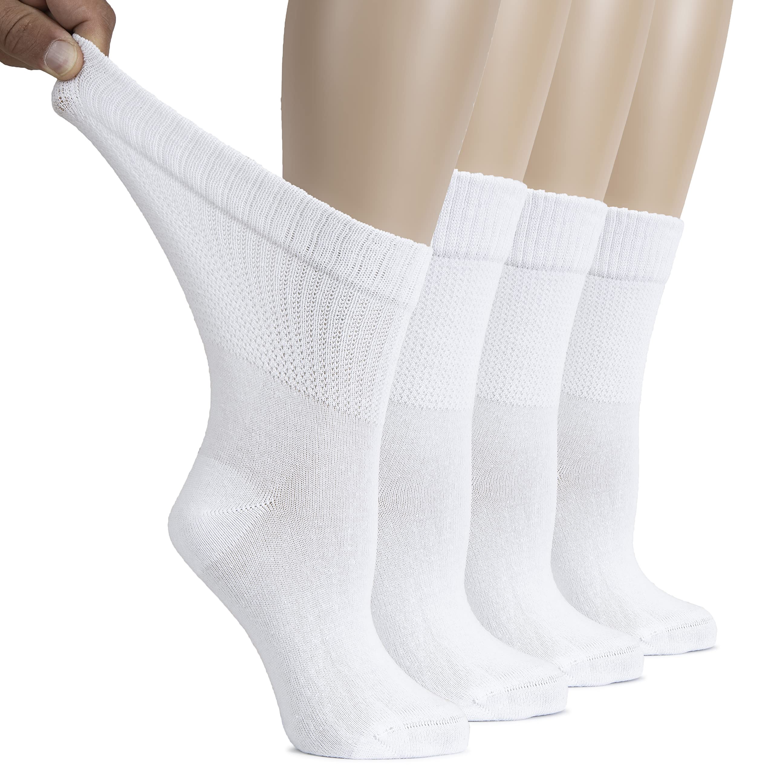Hugh Ugoli Women's Cotton Diabetic Crew Socks, Wide, Thin, Loose Fit and Stretchy, Seamless Toe & Non-Binding Top, 4 Pairs, Whit