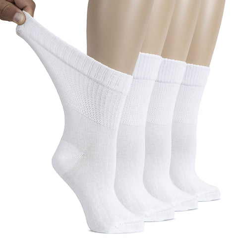 Hugh Ugoli Women's Cotton Diabetic Crew Socks, Wide, Thin, Loose Fit and Stretchy, Seamless Toe & Non-Binding Top, 4 Pairs, Whit