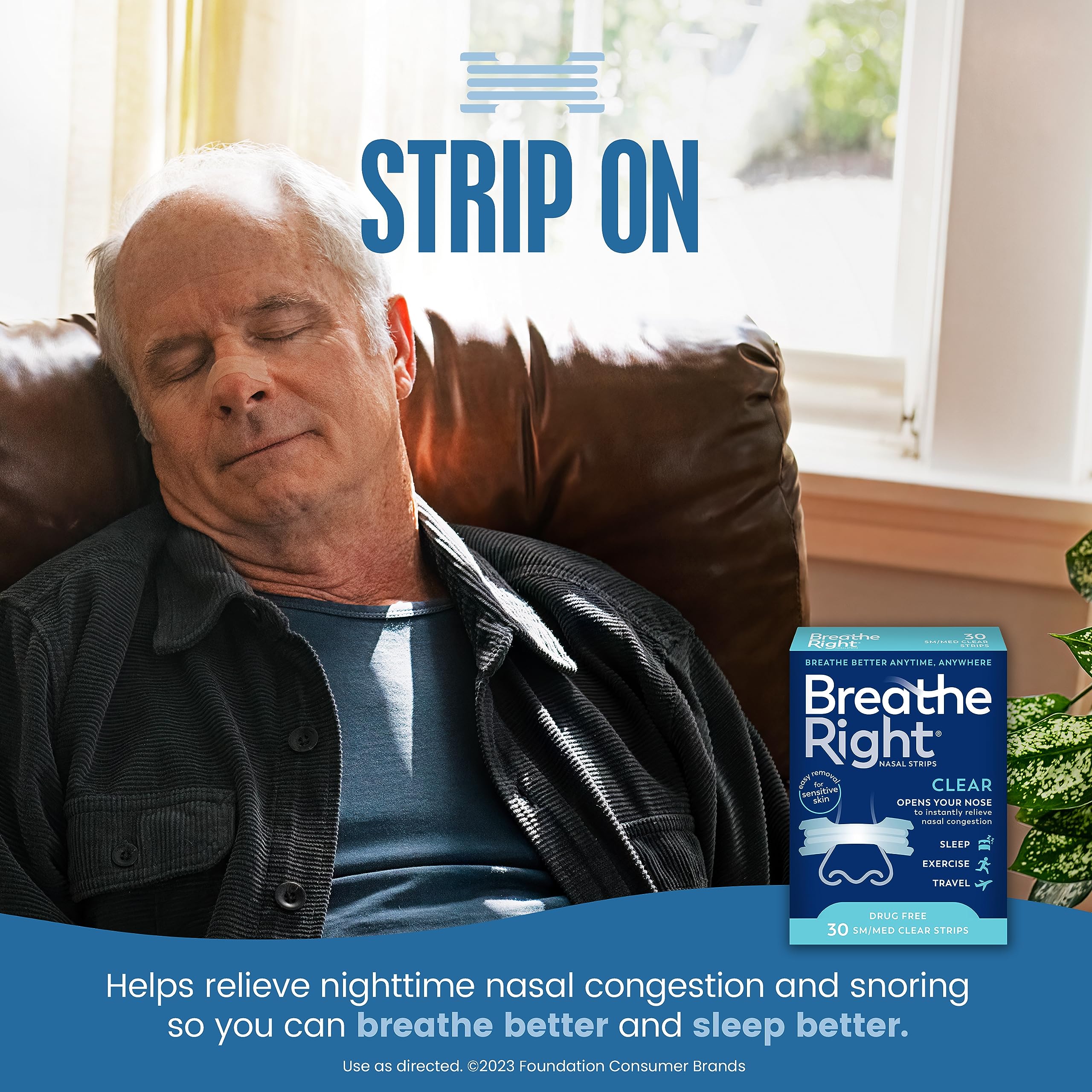Breathe Right Original Nasal Strips | Clear | Sm/Med | For Sensitive Skin| Drug-Free Snoring Solution & Nasal Congestion Relief