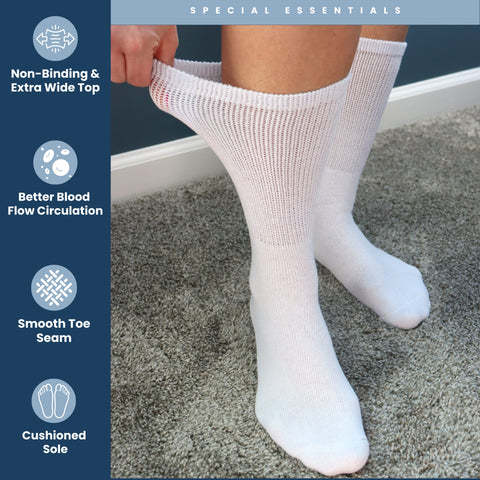 Special Essentials 12 Pairs Cotton Diabetic Socks for Men & Women - Non-Binding Extra Wide Top Neuropathy Socks - Crew Socks Gra