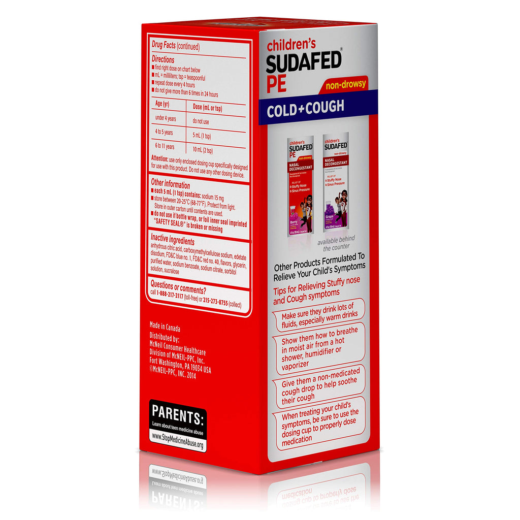 Sudafed Childrens PE Cold and Cough Grape Liquid, 4 Fl Oz, Pack of 2