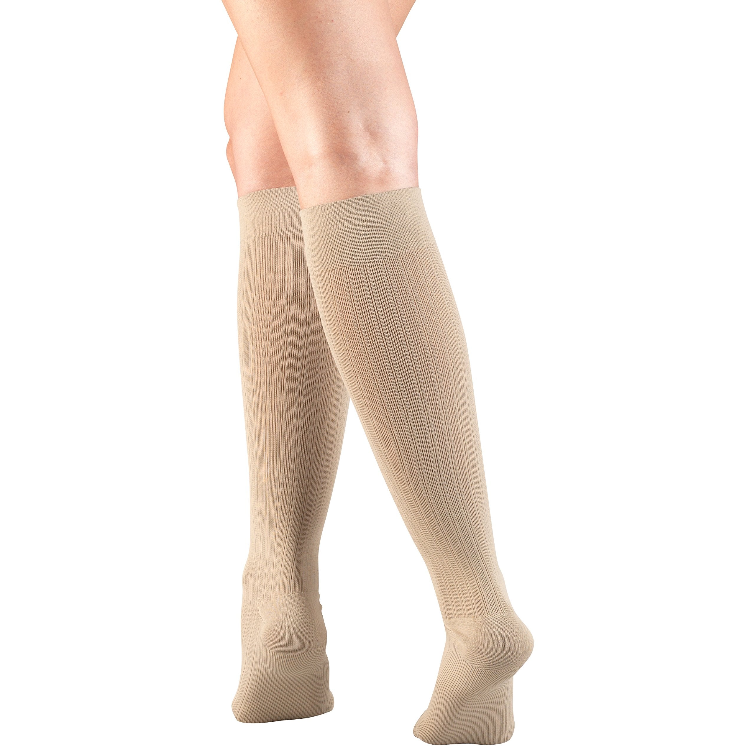 Truform Compression Socks, 15-20 mmHg, Women's Dress Socks, Knee High Over Calf Length, Tan Rib Knit, Medium