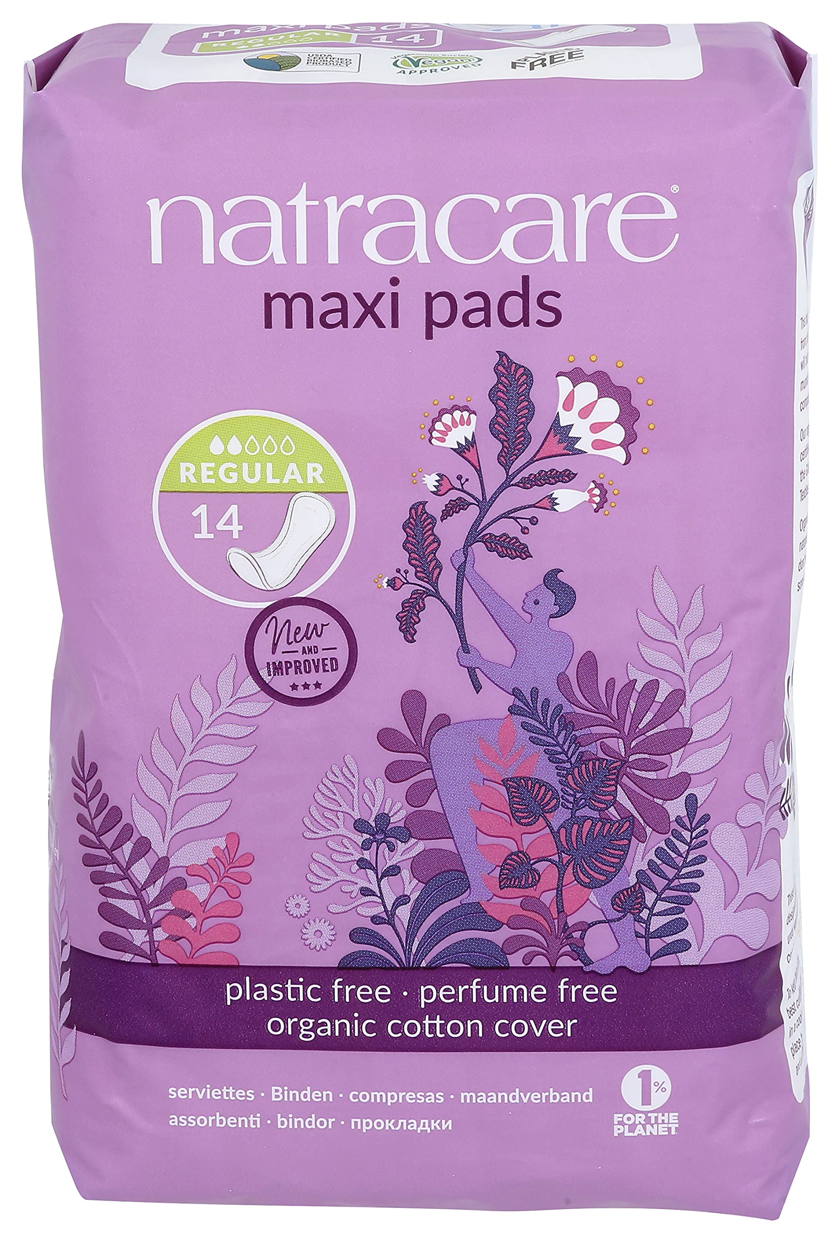 Natracare Natural Traditional Style Maxi Pads, Regular, Individually Wrapped, Without Wings in Plant-Based Bag (1 Pack, 14 Pads 