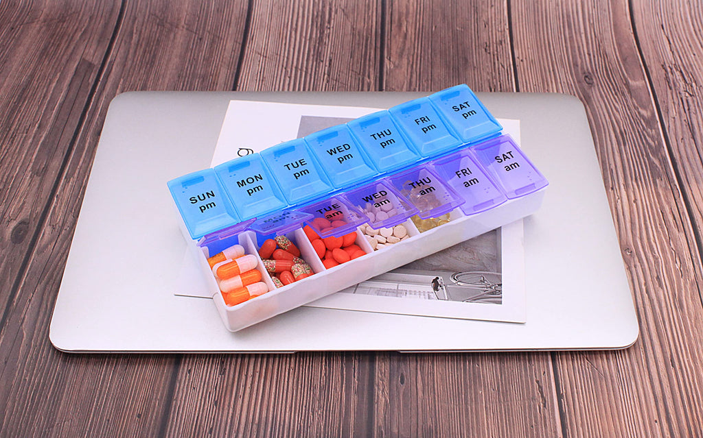 7 Day Weekly AM PM Pill Organizer, ShysTech Large Pill Case Pill Box for Pills Vitamin Supplements Medication (Purple/Blue)