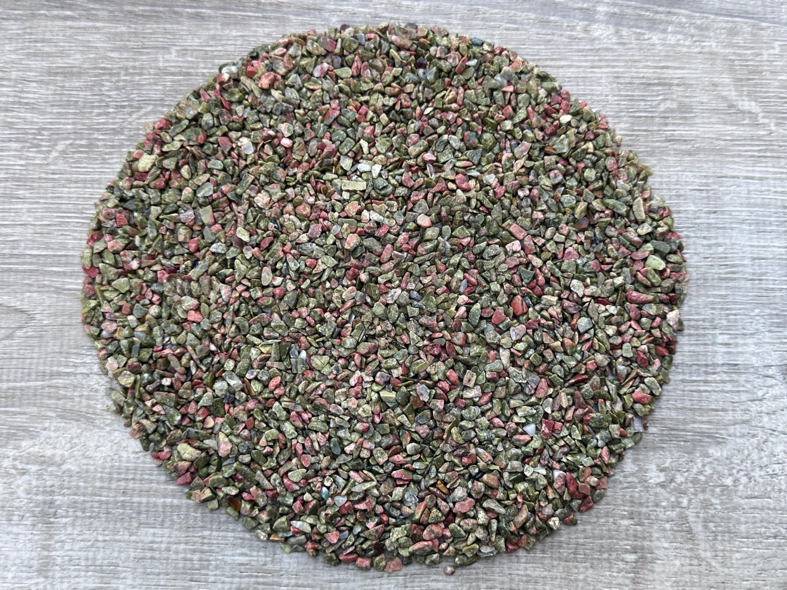 GAF TREASURES 2 oz Lot Natural Semi Tumbled Gemstone Chips, Crushed Mini Crystals, Undrilled Crystal Chips (Unakite)