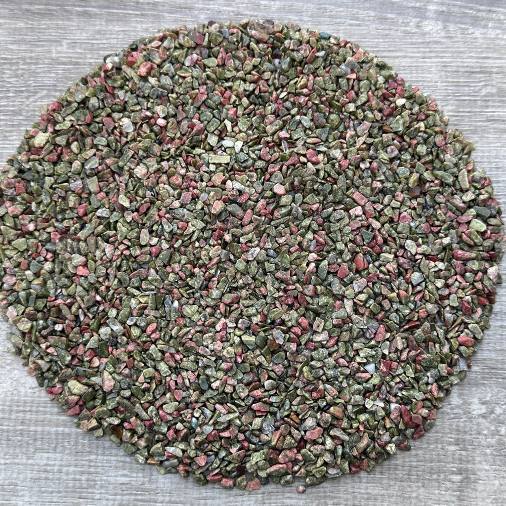 GAF TREASURES 2 oz Lot Natural Semi Tumbled Gemstone Chips, Crushed Mini Crystals, Undrilled Crystal Chips (Unakite)
