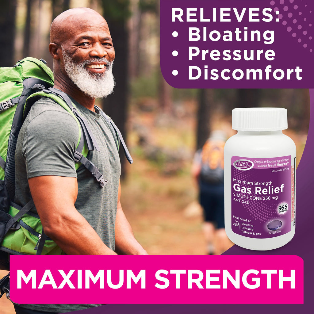 RIGHT REMEDIES Gas Relief Maximum Strength, Simethicone 250 mg, (365 Softgels), Fast Relief from Gas, Bloating, Fullness, Painfu