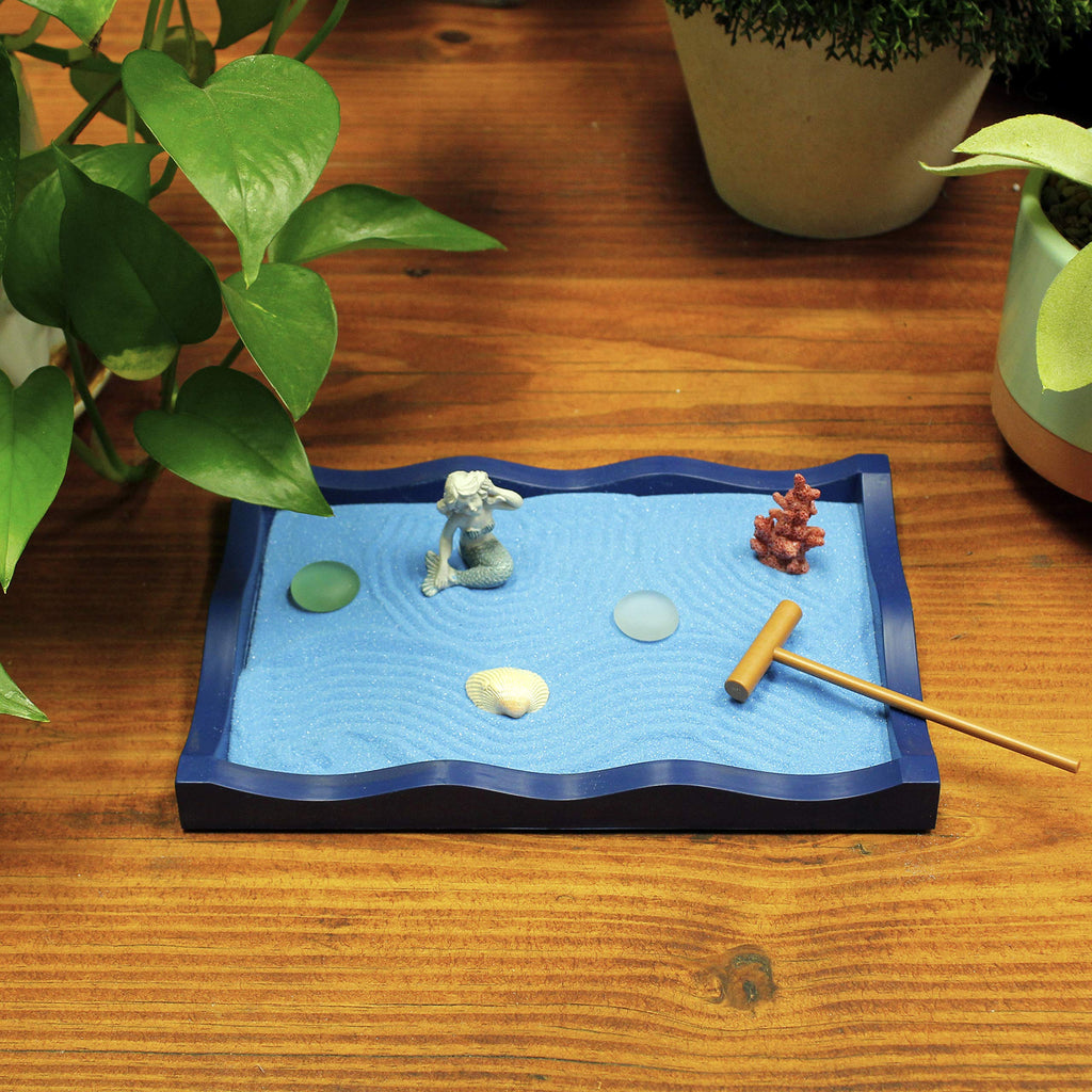 Natures Mark Mini Zen Garden Kit for Desk with Rake, Blue Sand, Miniature Mermaid Clam Corlal Figures, Wavy Base, Glass Rocks