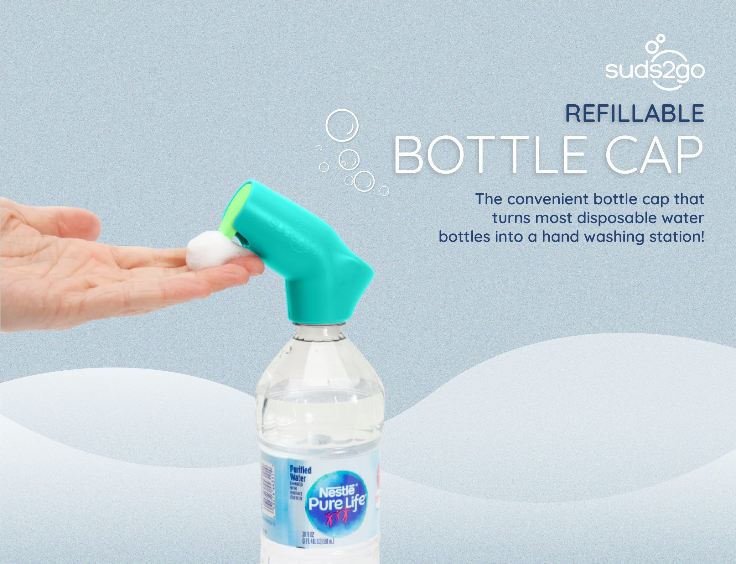 Suds2Go Refillable Caps, 2 Pack - Universal Fit Turns Most Disposable Water Bottles Into A Hand Washing Station - Includes Refil
