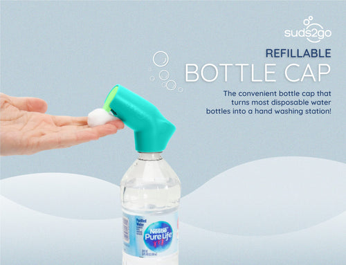 Suds2Go Refillable Caps, 2 Pack - Universal Fit Turns Most Disposable Water Bottles Into A Hand Washing Station - Includes Refil