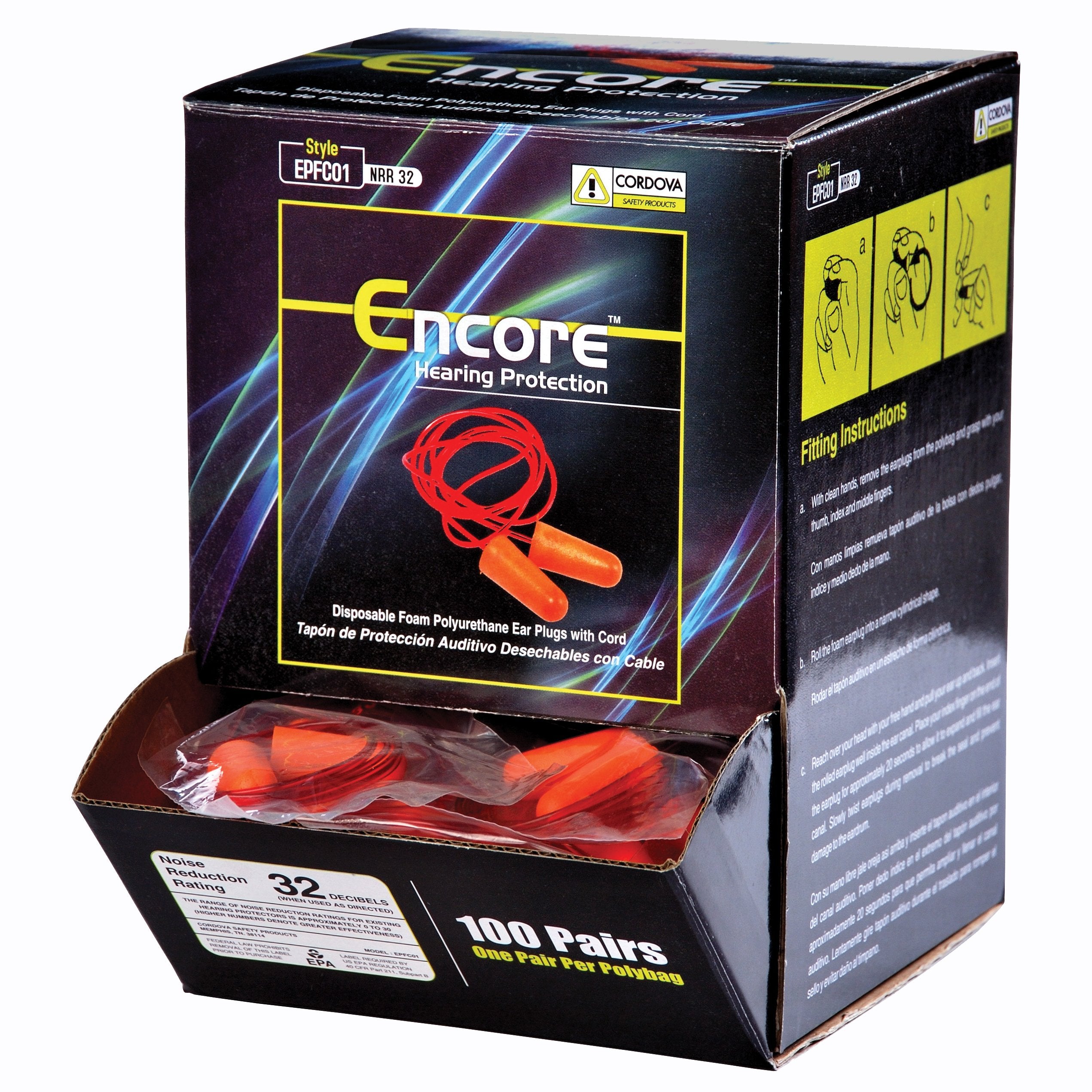 Cordova Safety Products Encore Orange Foam Pu Ear Plugs, Corded, Nrr 33 Db, 100-Pack,Orange