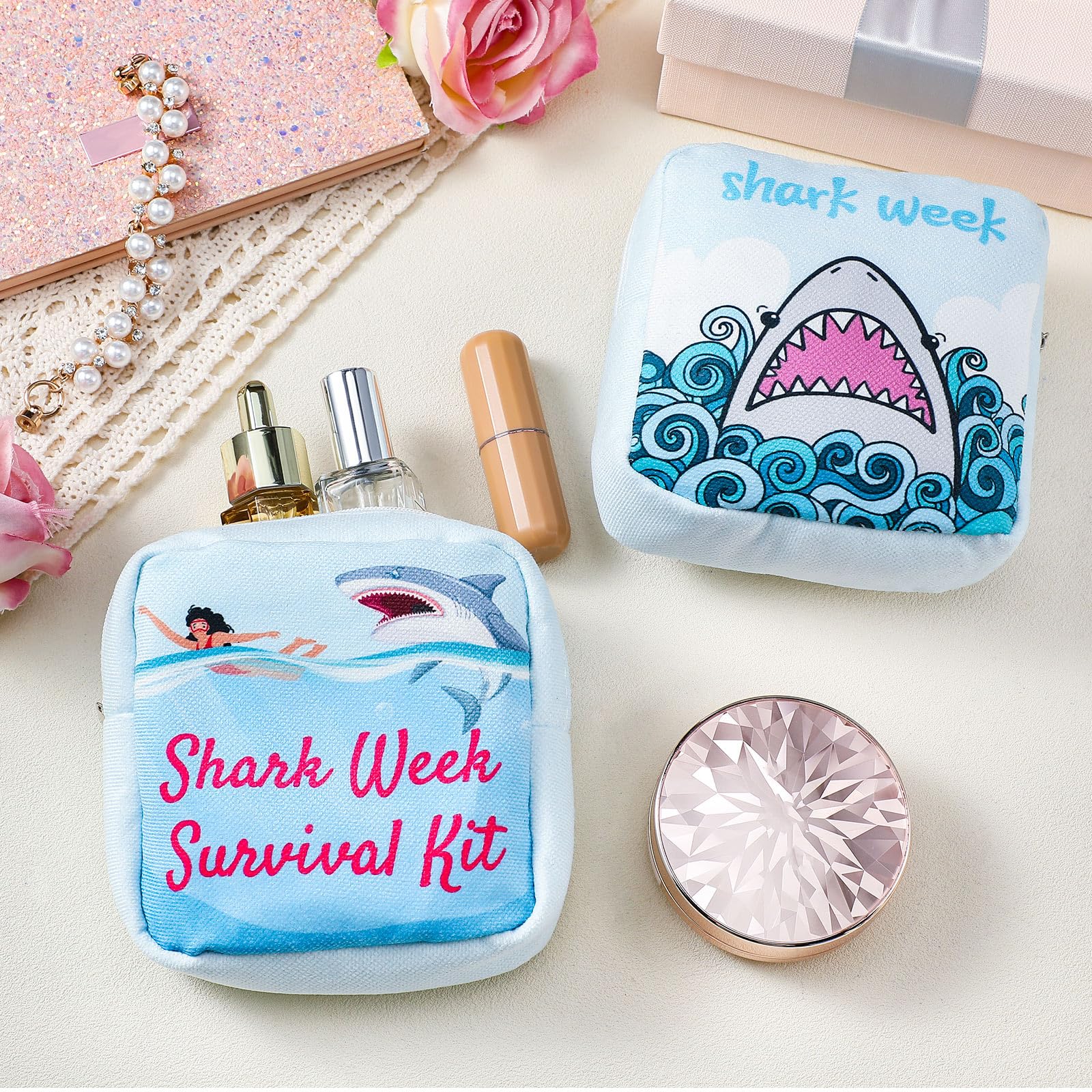 HunnmingRe 2 Pcs Period Bag Shark Tampon Storage Pouch Sanitary Napkin Holder Tampon Bags Portable Period Kit Bag Feminine Pouch