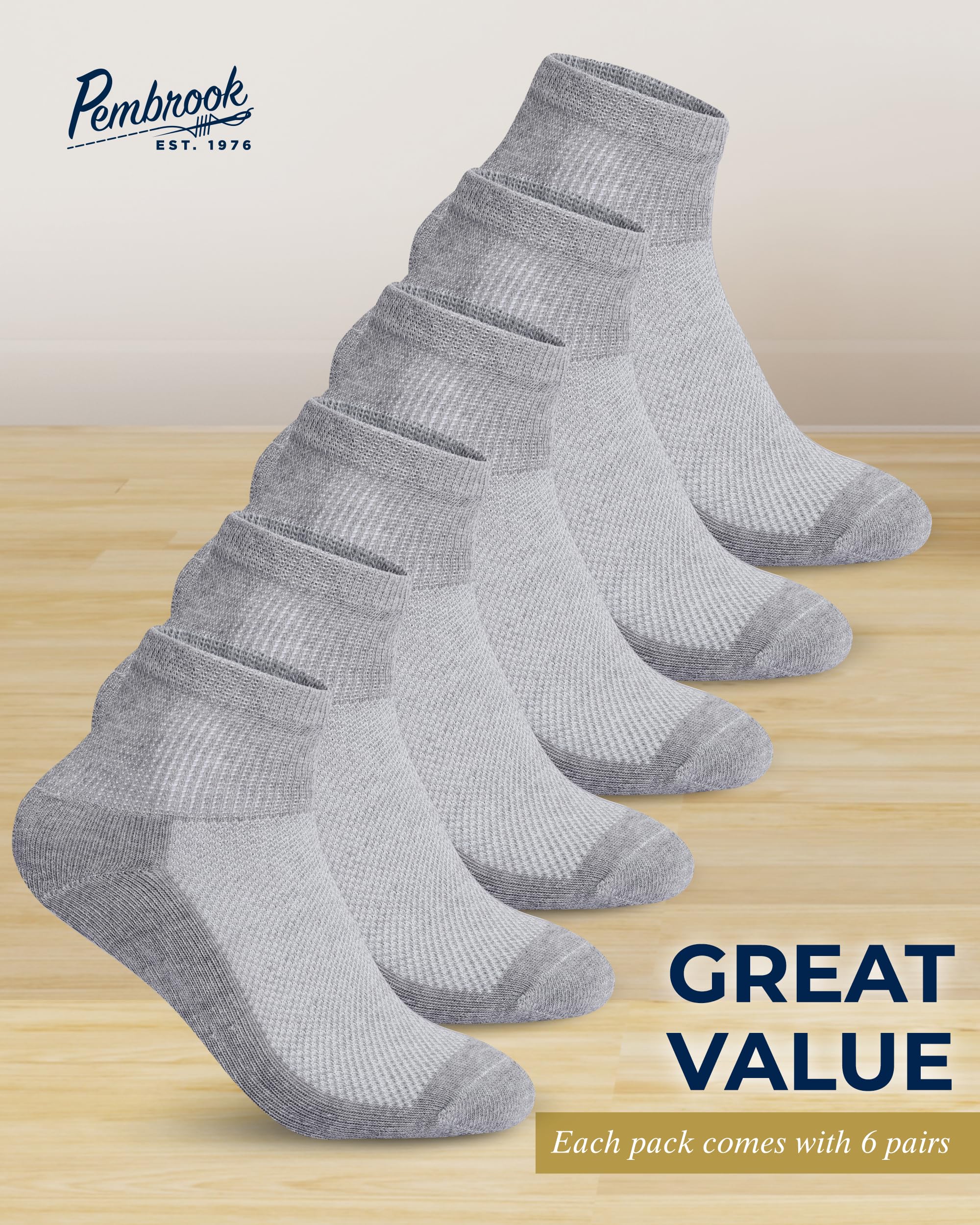 Pembrook Gray Ankle Diabetic Socks for Men & Women | 6 Pairs | Wide Stretch Top Mens Diabetic Socks | Diabetic Socks for Men 9-1