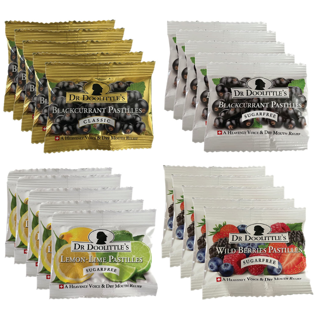 Dr. Doolittles Soft Fruit Pastilles Sugar Free and Classic Variety Pack for Voice and Throat, Travel Size Bag, approximately 4 C