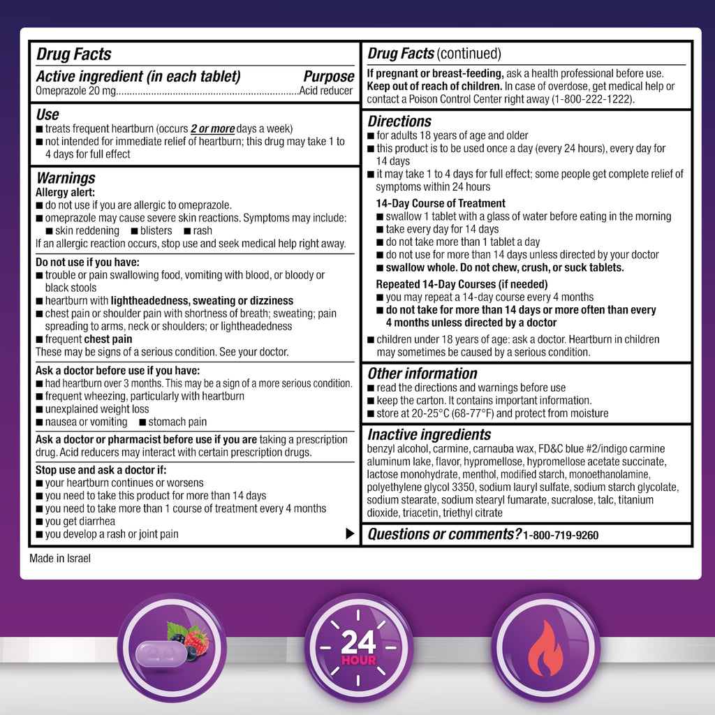 Amazon Basic Care Omeprazole Delayed Release Tablets 20 mg, Acid Reducer, Wildberry Mint Coated Tablet, Heartburn Medicine, 42 C