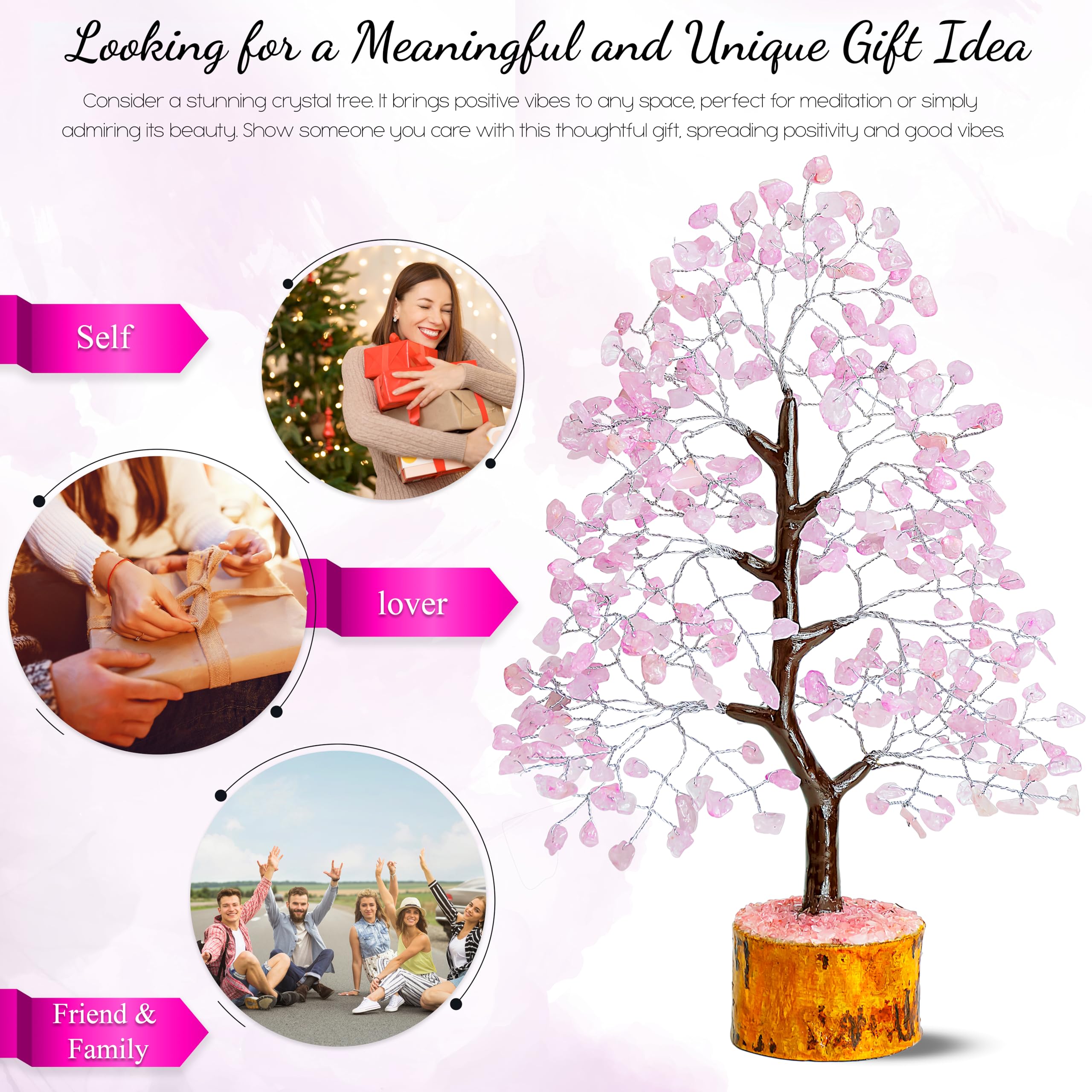 Crocon Rose Quartz Gemstone Feng Shui Money Tree | Feng Shui Bonsai | Mystical | Chakra Balancing | Reiki Crystal Healing | Orna