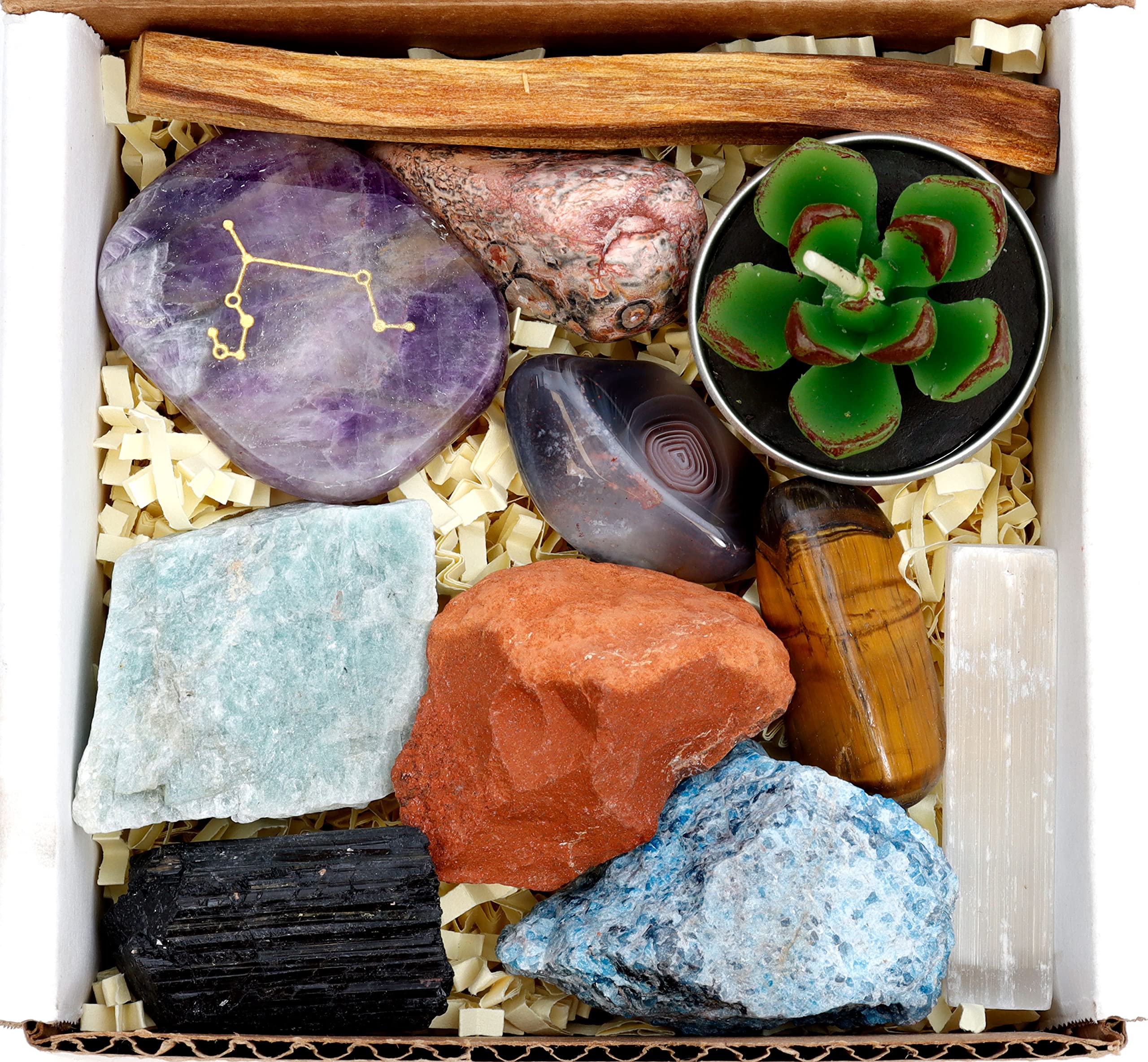 DANCING BEAR Leo Zodiac Healing Crystals Gift Set (14 Pc): 9 Stones, 18K Gold-Plated Constellation Necklace, Meteorite, Succulen