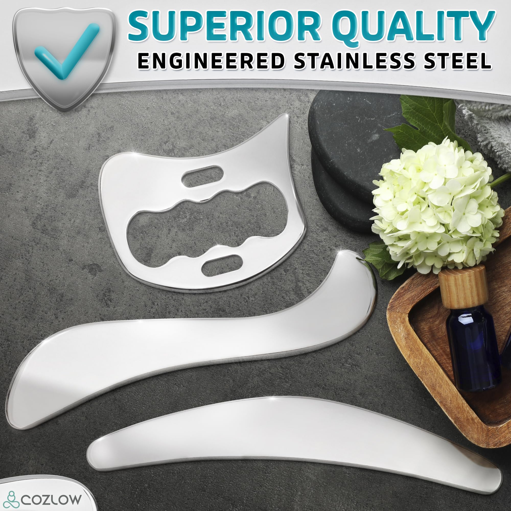 COZLOW 3-in-1 Stainless Steel Muscle Scraper Tool Set for IASTM Therapy - Skin Scraping Massage Tools for Soft Tissue Mobilizati