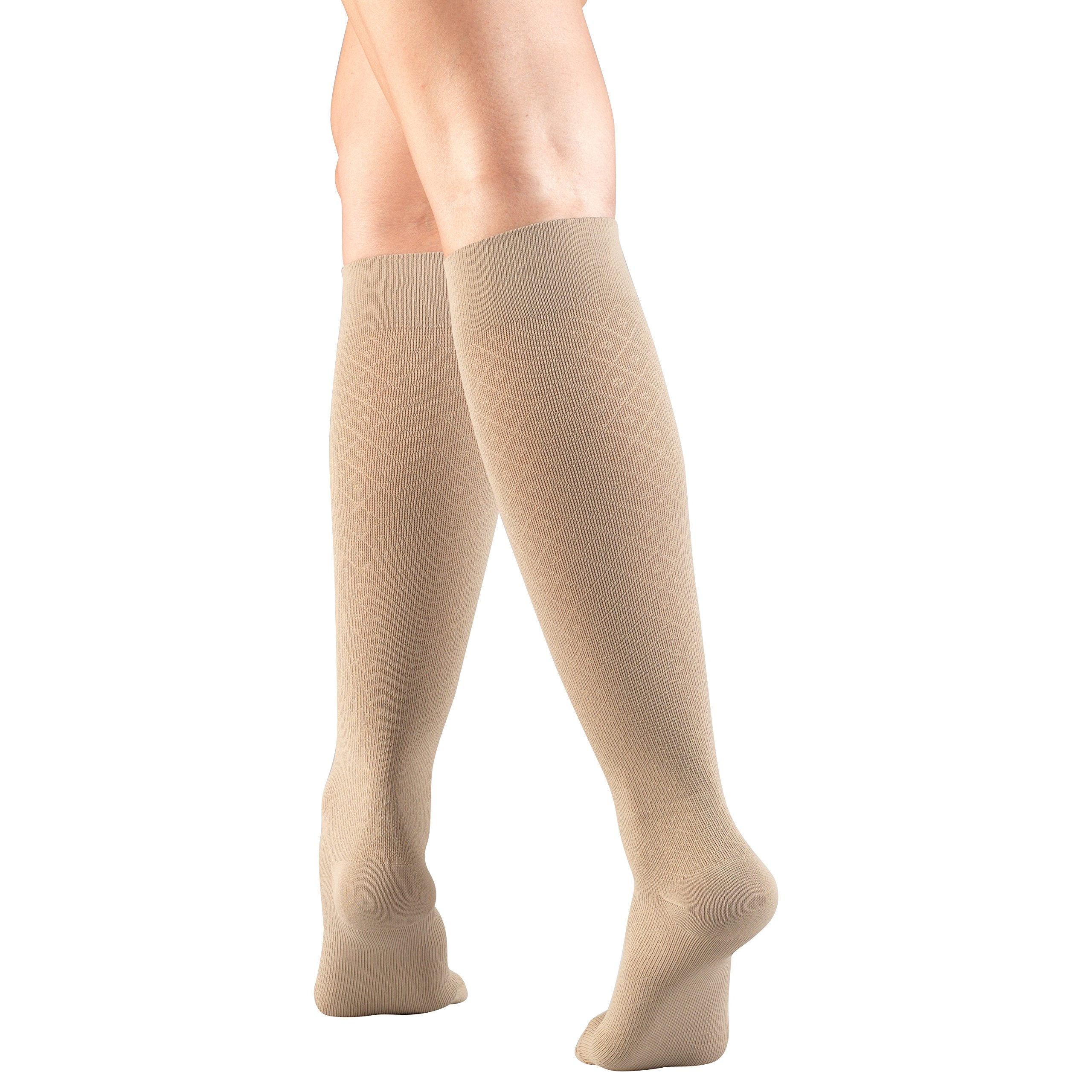Truform Compression Socks, 15-20 mmHg, Women's Dress Socks, Knee High Over Calf Length, Tan Diamond Knit, Large