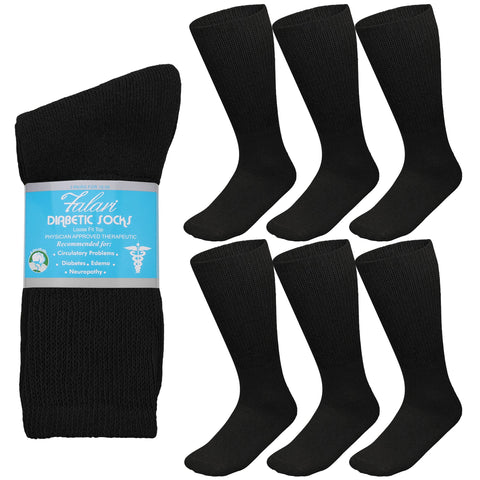 Falari 6-Pack Physicians Approved Diabetic Crew Socks Loose Fit Top Help Blood Circulation (13-15, Black)