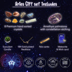 DANCING BEAR Aries Zodiac Healing Crystals Gift Set, (14 Pc): 9 Stones, 18K Gold-Plated Constellation Necklace, Meteorite, Succu