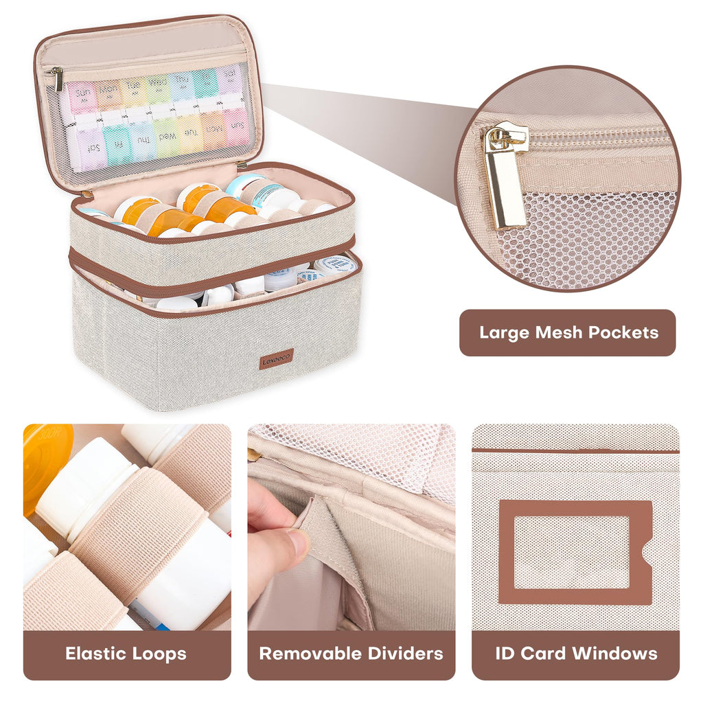 Lexeeco Medicine Bag for Traveling, Dual Layers Medicine Pill Organizer Medication Pill Bottle Storage with Lockable Zipper, Med