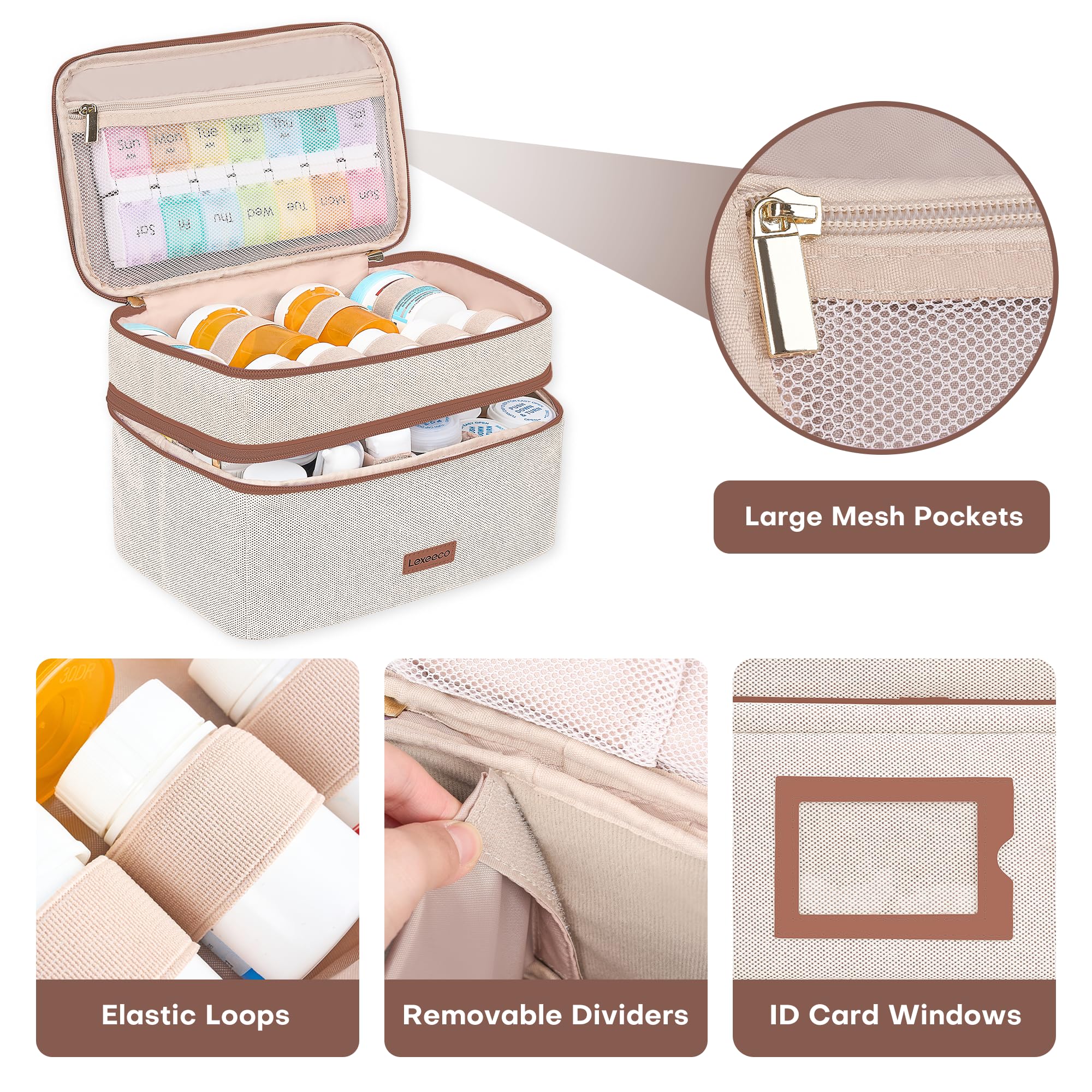 Lexeeco Medicine Bag for Traveling, Dual Layers Medicine Pill Organizer Medication Pill Bottle Storage with Lockable Zipper, Med