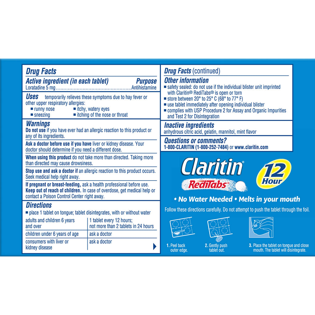 Claritin RediTabs 12 Hour Allergy Medicine, Non-Drowsy Prescription Strength Allergy Relief, Loratadine Antihistamine Tablets, 3