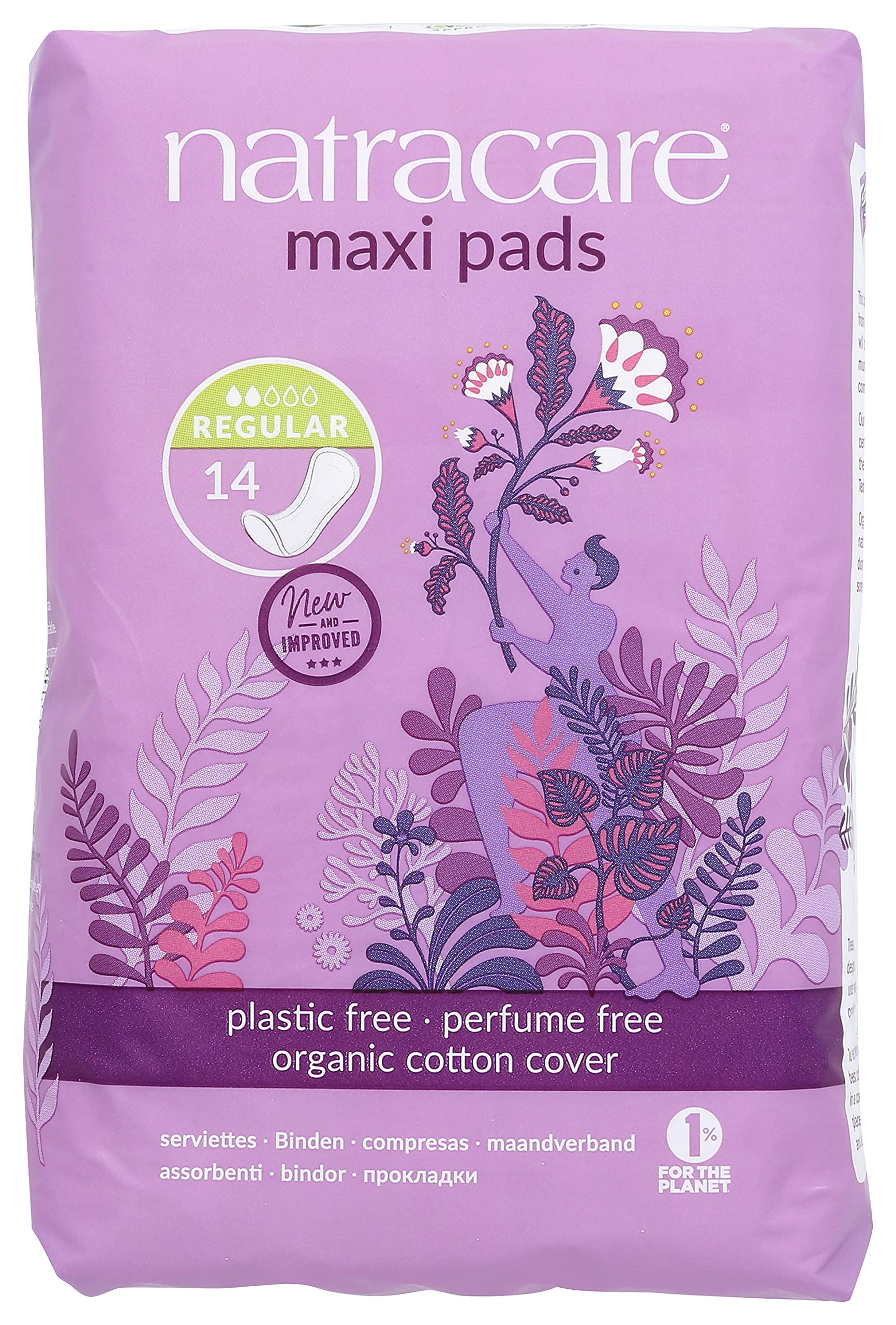 Natracare Natural Traditional Style Maxi Pads, Regular, Individually Wrapped, Without Wings in Plant-Based Bag (1 Pack, 14 Pads