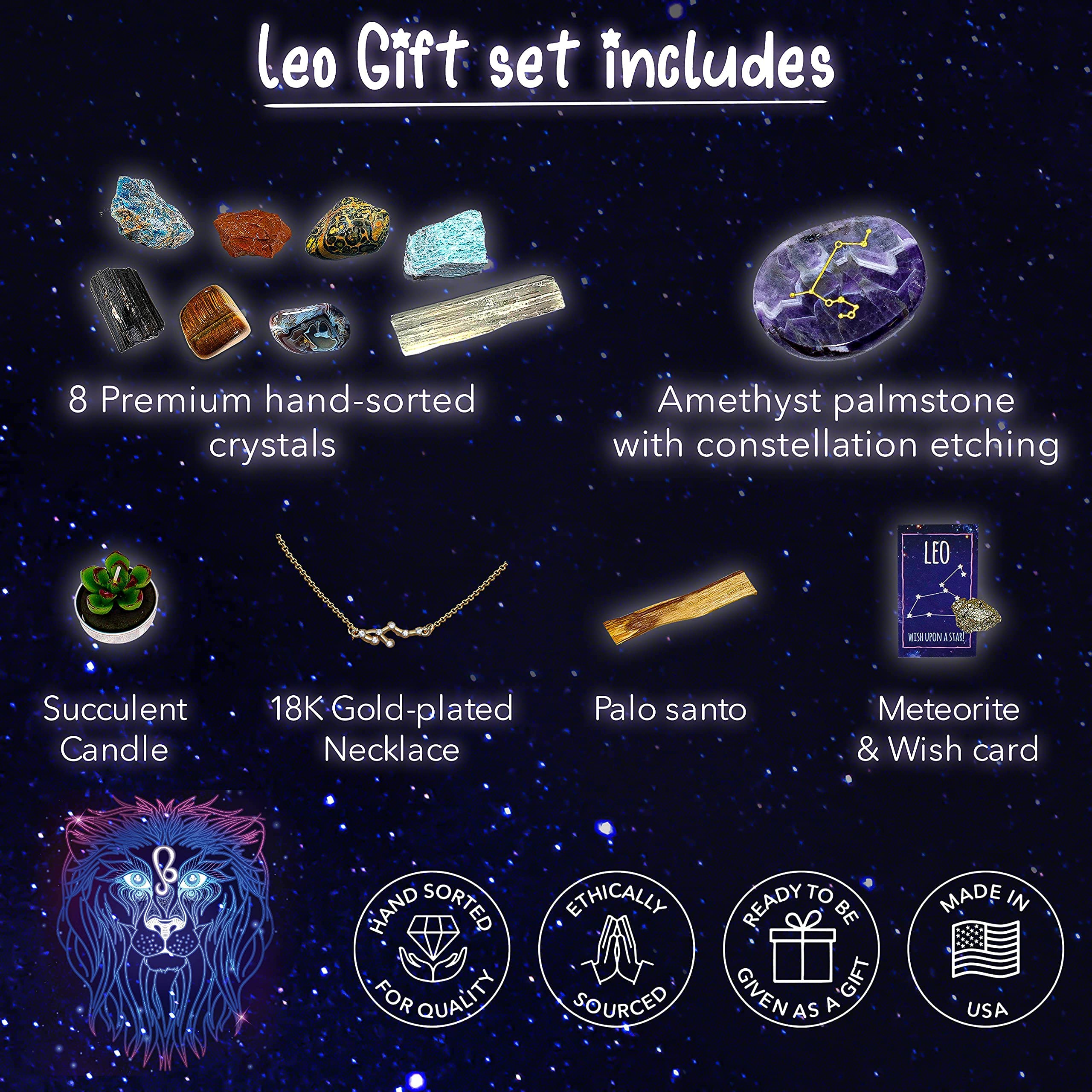 DANCING BEAR Leo Zodiac Healing Crystals Gift Set (14 Pc): 9 Stones, 18K Gold-Plated Constellation Necklace, Meteorite, Succulen