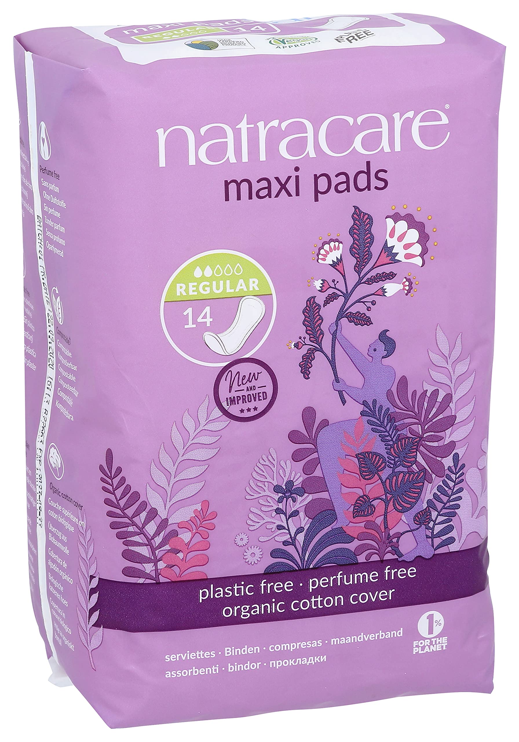 Natracare Natural Traditional Style Maxi Pads, Regular, Individually Wrapped, Without Wings in Plant-Based Bag (1 Pack, 14 Pads