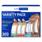 Care Science Variety Bandages Pack, 300 ct Bulk Assorted Sizes | FSA HSA Eligible | Includes Active, All-Purpose, Waterproof, He