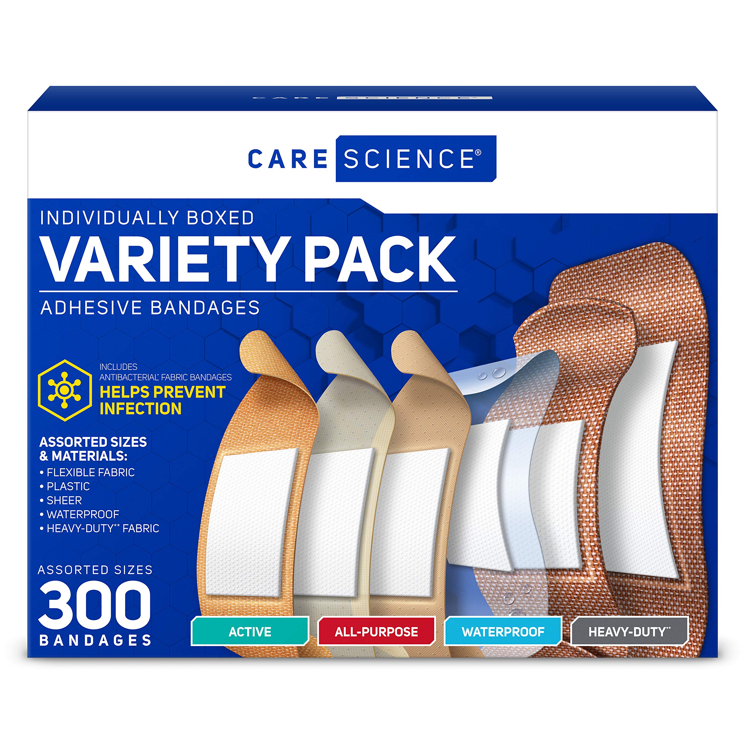 Care Science Variety Bandages Pack, 300 ct Bulk Assorted Sizes | FSA HSA Eligible | Includes Active, All-Purpose, Waterproof, He