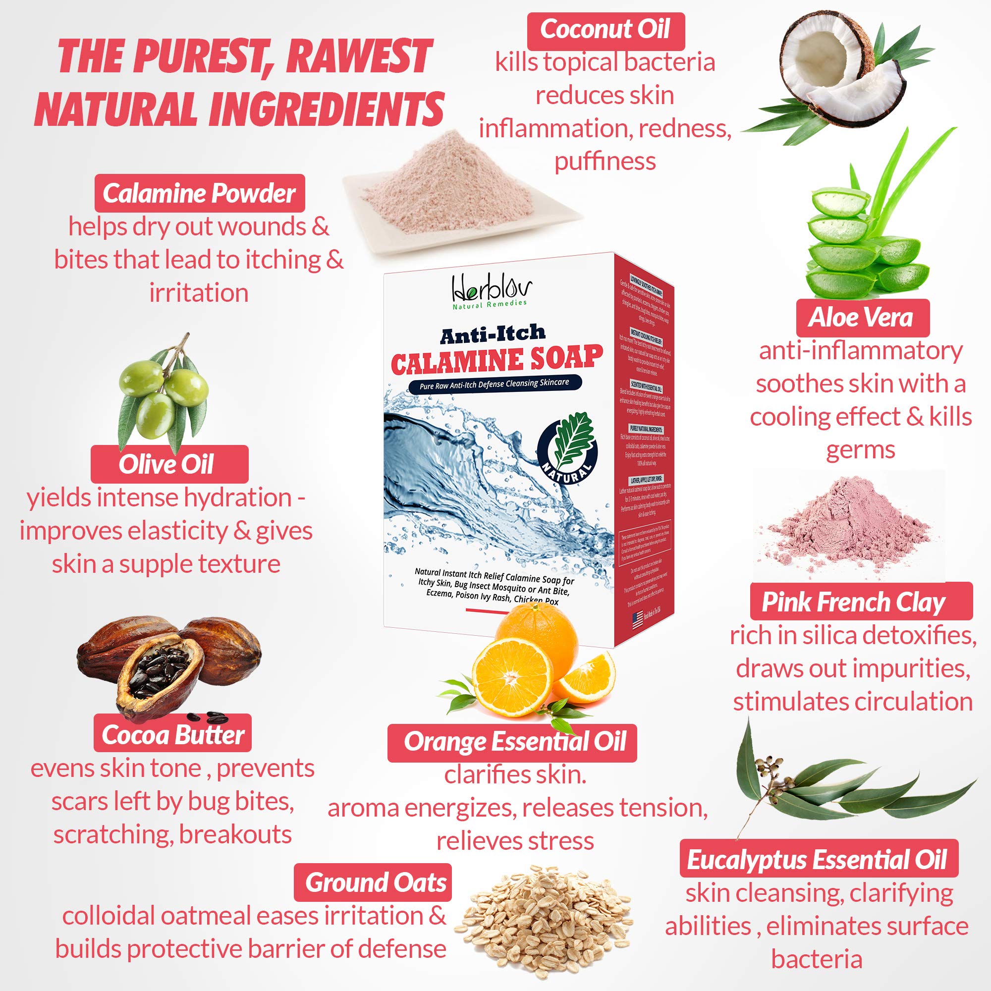 Natural Instant Itch Relief Soap Bar - Calming Calamine Soap for Itchy Skin, Bug Insect Mosquito or Ant Bite, Eczema, Poison Ivy