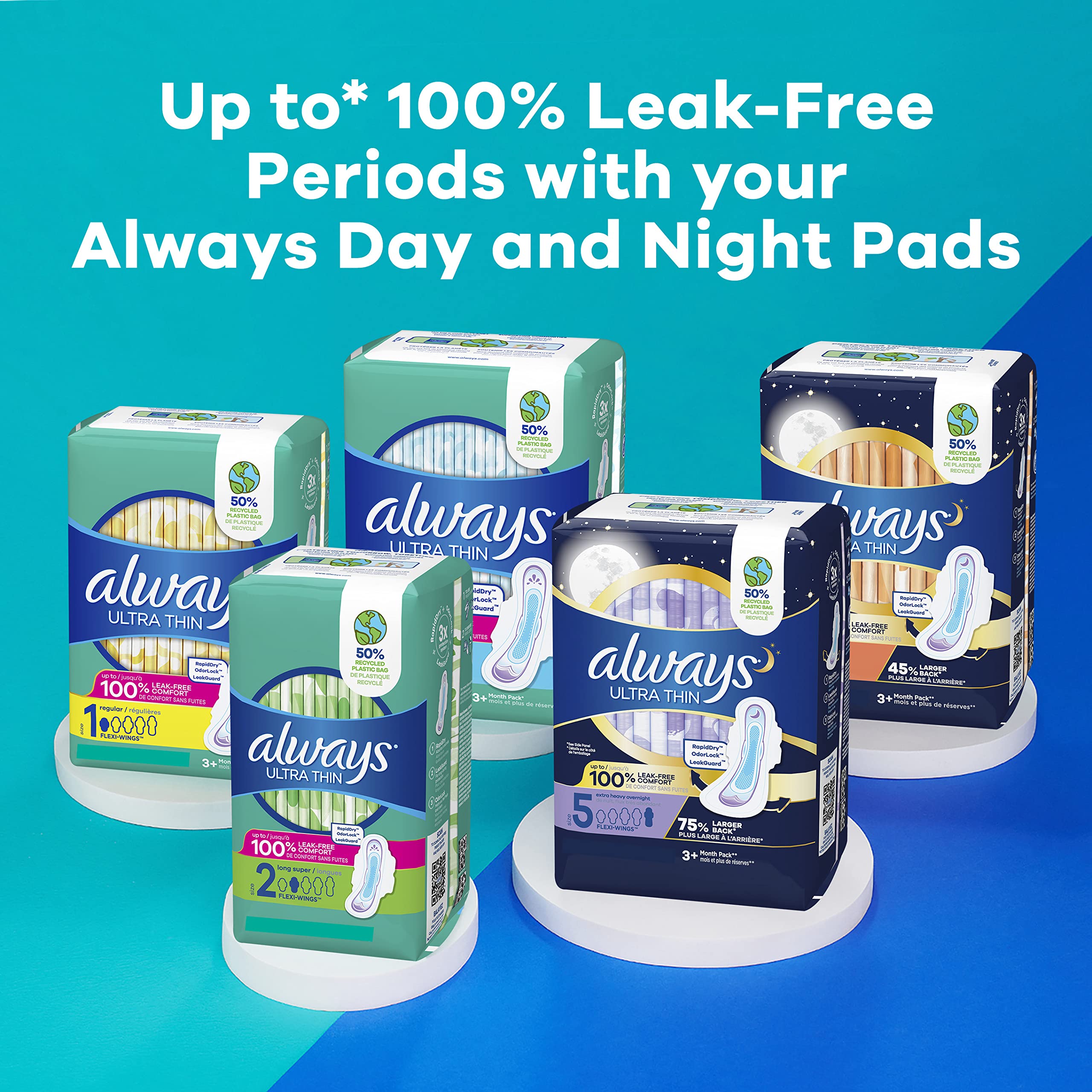 Always Ultra Thin Feminine Pads For Women, Size 2 Long Super Absorbency, With Wings, Unscented, 58 Count(Pack of 1)